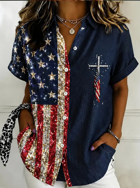 Women's Independence Day Flag Art Pattern Casual Short Sleeves Shirts