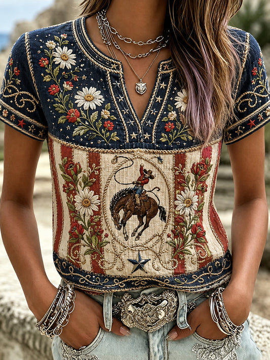 Women's Retro Embroidered Floral Art Print Casual Cotton Linen Comfortable T-shirt