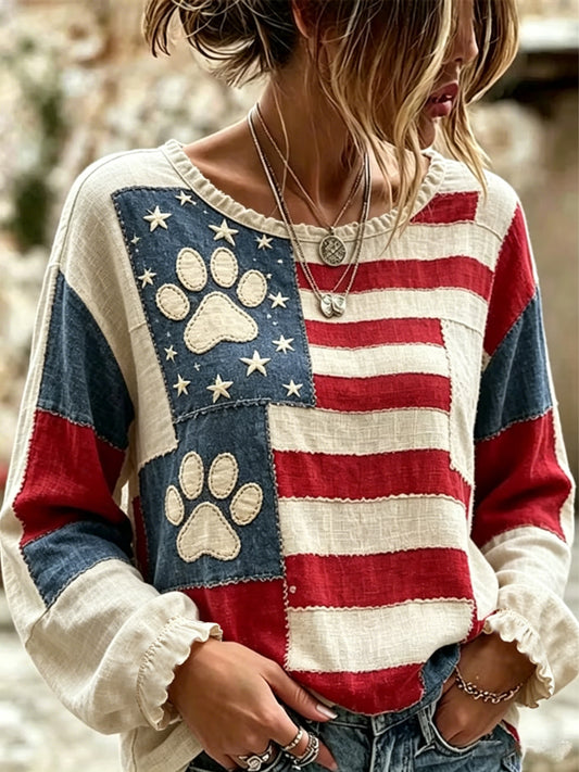 Women's America Floral Print Cotton-Linen Shirt