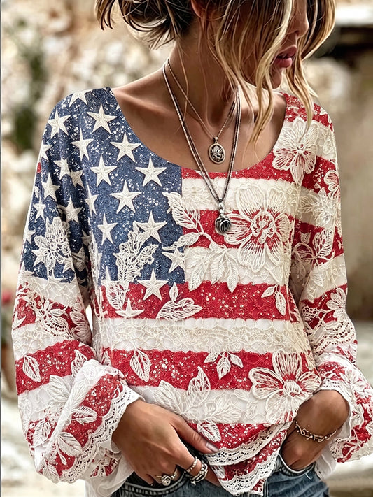 Women's Vintage American Flag Floral Art Cotton-Linen Shirt