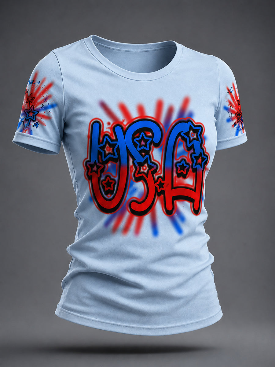 Women's Airbrush Style 4th of July Graffiti Print T-shirt