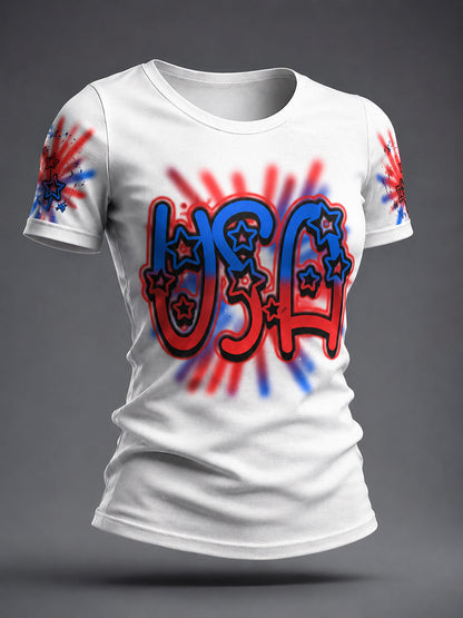 Women's Airbrush Style 4th of July Graffiti Print T-shirt