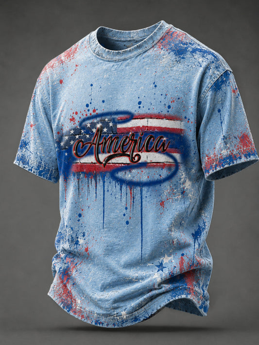 Men's Airbrush Style 4th of July Graffiti Print T-shirt