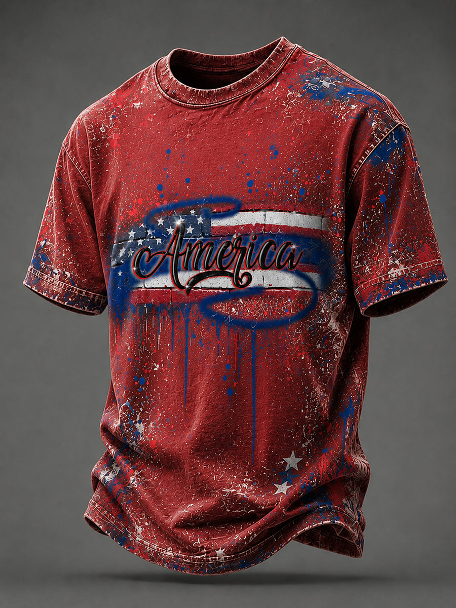 Men's Airbrush Style 4th of July Graffiti Print T-shirt
