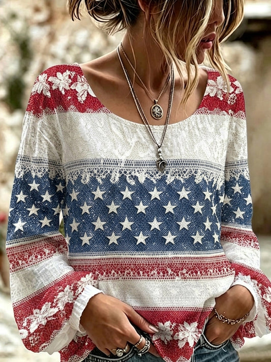 Women's Vintage American Flag  Floral Art  Cotton-Linen Shirt