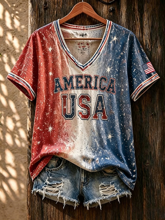 Women's Vintage American Flag  V-neck Short Sleeve T-shirt