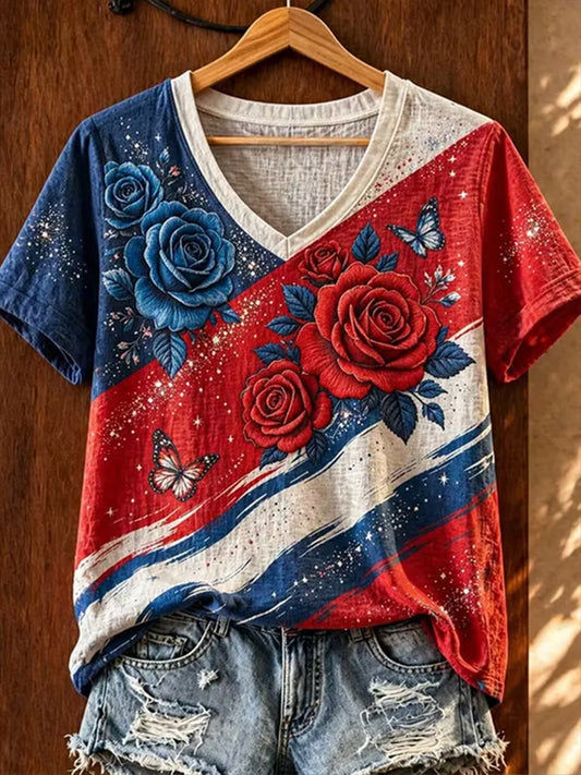 Women's Vintage American Flag Floral Butterfly Art Linen Short Sleeve Top