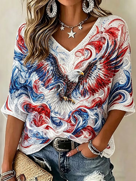 Women's Independence Day Eagle Glitter Art  Mid-length Sleeves V-Neck T-Shirt