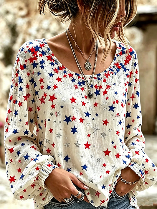 Women's Retro Independence Day Stars Art  Print Crew Neck Cotton-Linen Shirt