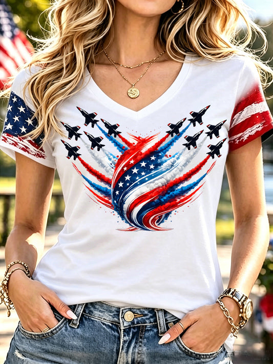 Women's Independence Day USA Flag Jet Heart Print Casual V-Neck Patriotic Tee