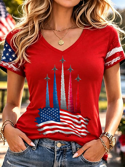 Women's Independence Day USA Flag Jet Print Casual V-Neck Patriotic Tee