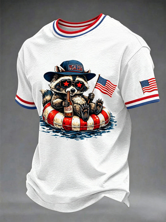 Men's Funny Raccoon Independence Day Print Tee