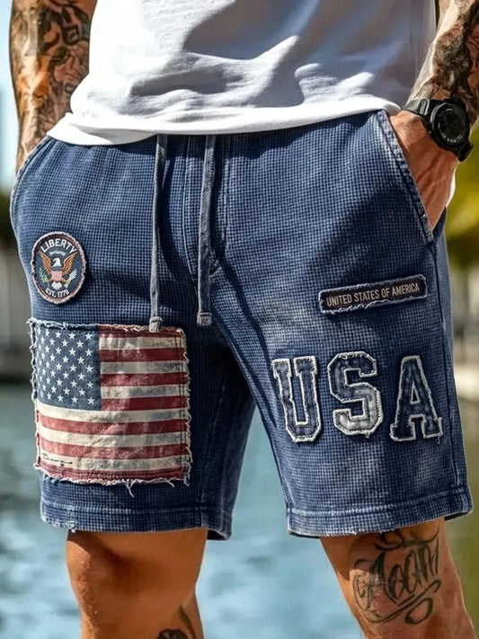 Men's Vintage Independence Day Retro American Flag Art Print Casual Shorts
