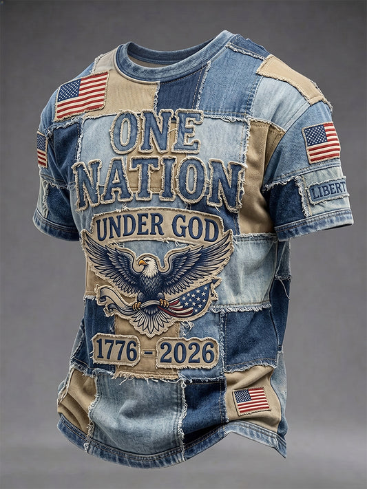 Men's Independence Day Retro USA Flag One Nation Under God Print Casual Patriotic Tee