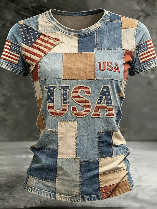 Women's Retro USA Flag Print Independence Day Casual Patriotic Tee