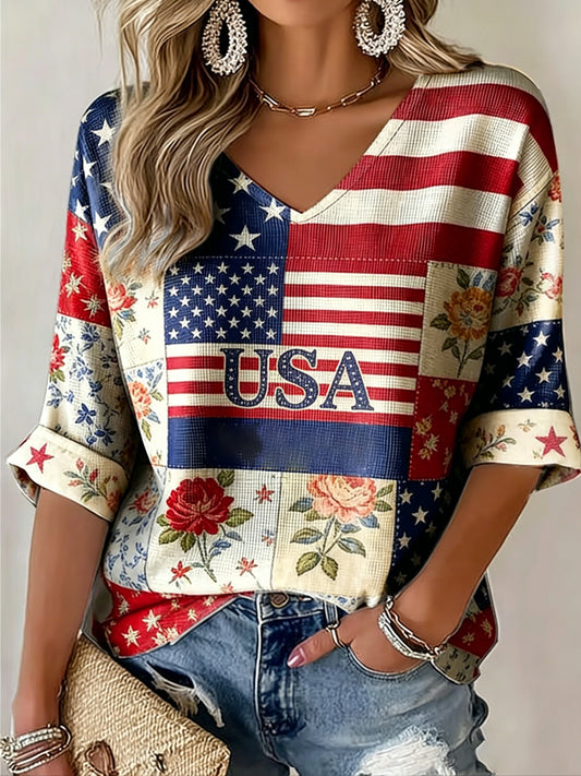 Women's America Floral Print Casual T-shirt