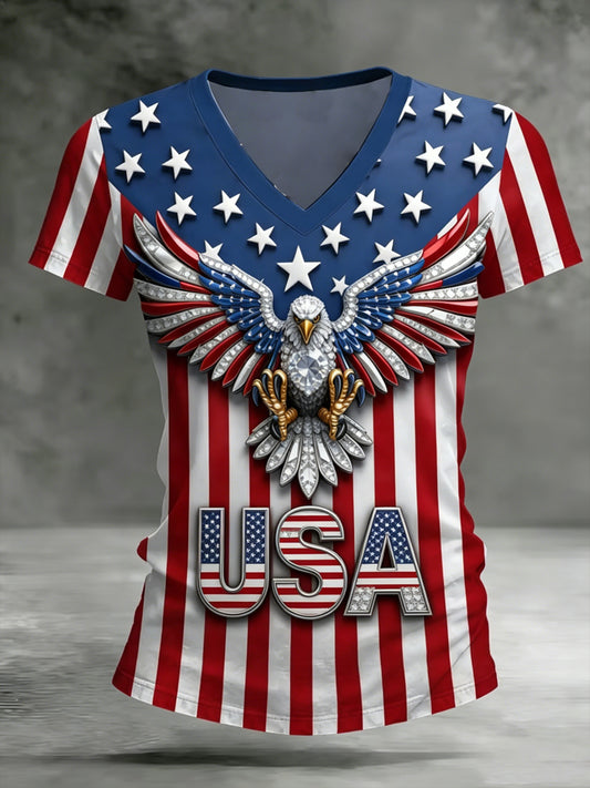 Women's America Printed V-neck T-shirt
