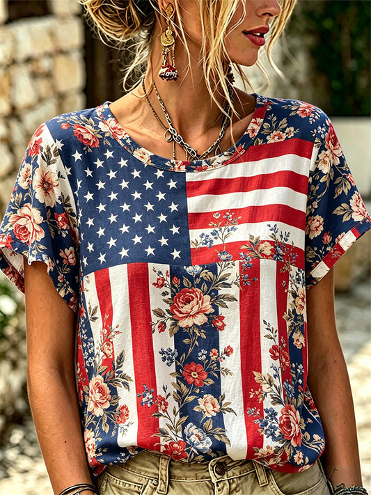 Women's Independence Day Floral USA Flag Print Tee