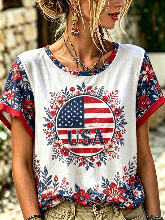Women's Independence Day Floral USA Flag Print Tee