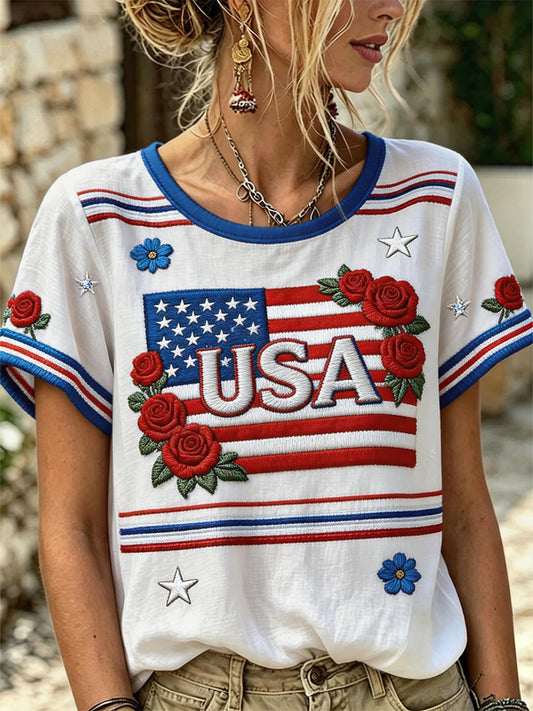 Women's Independence Day Floral USA Flag Print Tee