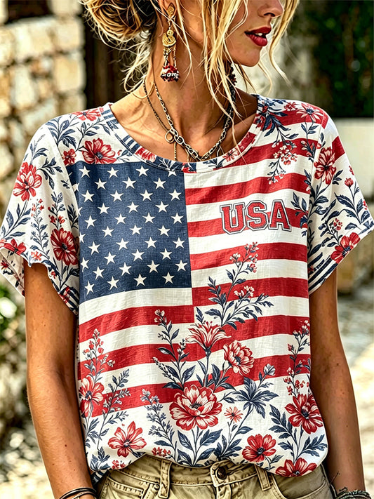 Women's Independence Day Floral USA Flag Print Tee
