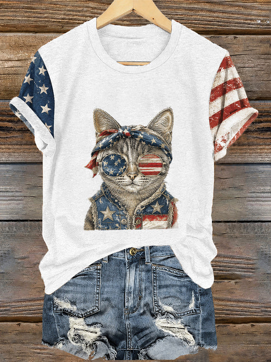 Women's Independence Day Cat Print Casual Tee