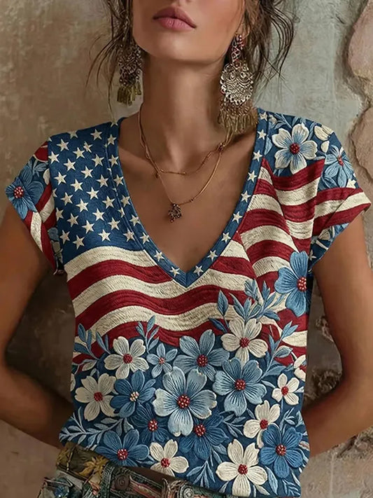 Women's America Floral Printed V-neck T-shirt
