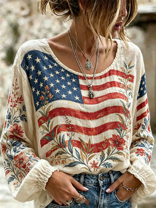 Women's America Floral Print Cotton-Linen Shirt