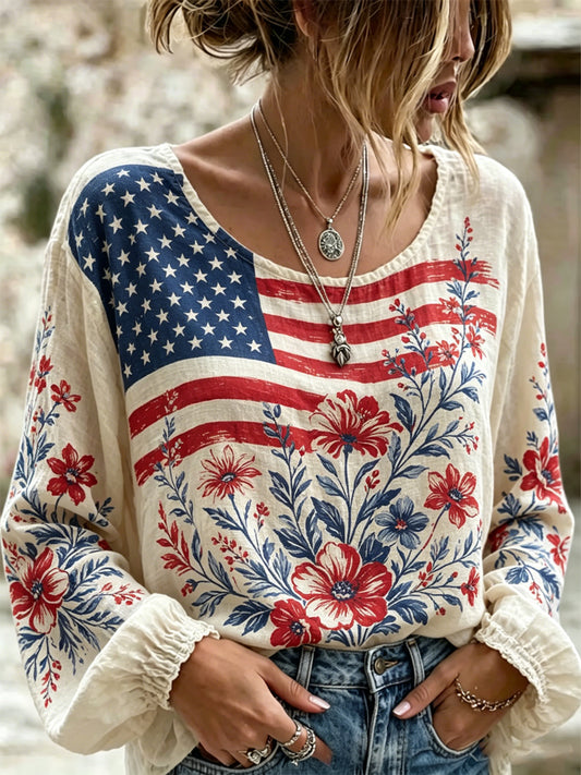 Women's America Floral Print Cotton-Linen Shirt