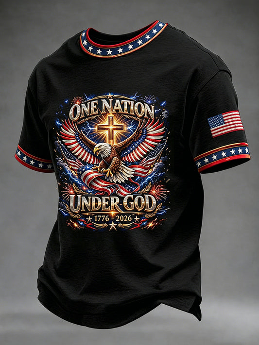 Men's Independence Day USA Flag One Nation Under God  Art Short Sleeve T-shirt