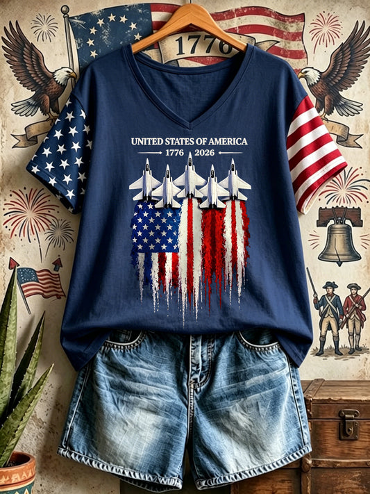 Women's Independence Day USA Flag Print Casual V-Neck Patriotic Tee