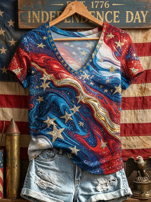 Women's Independence Day Red White Blue American Flag Art Print V-neck T-shirt