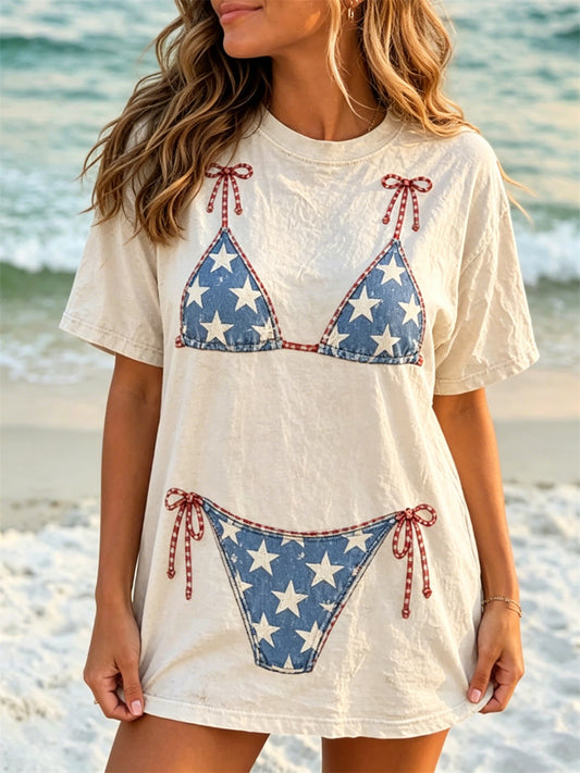 Women's America Stars and Stripes Bikini Print Beach Vibe T-shirt