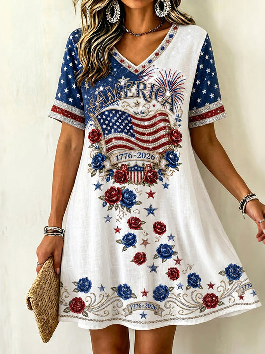 Women's America 1776-2026 Flag & Roses Print Short Sleeve Mini Dress