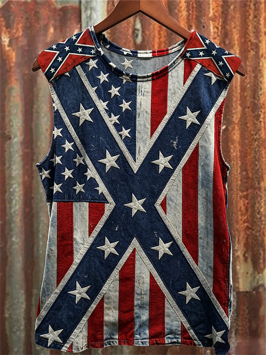 Men's Vintage American Flag & Rebel Flag Design Print Racket Vest