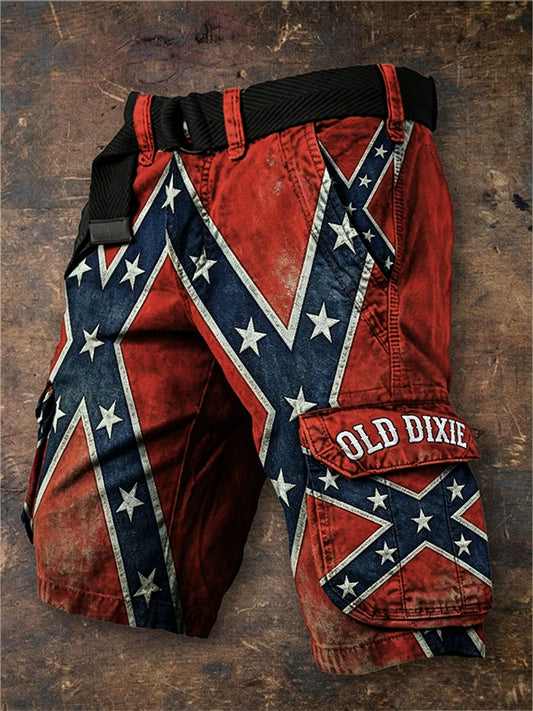 Men's Vintage Old Dixie Rebel Flag Inspired Print Cargo shorts