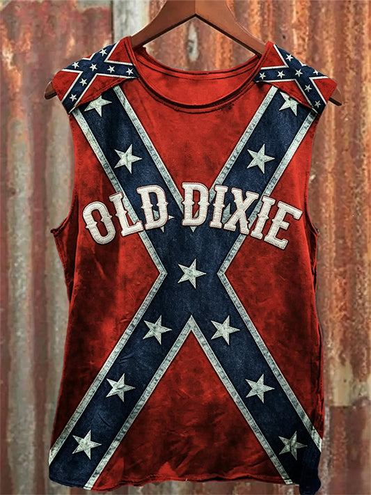 Men's Vintage Old Dixie Rebel Flag Inspired Print Racket Vest