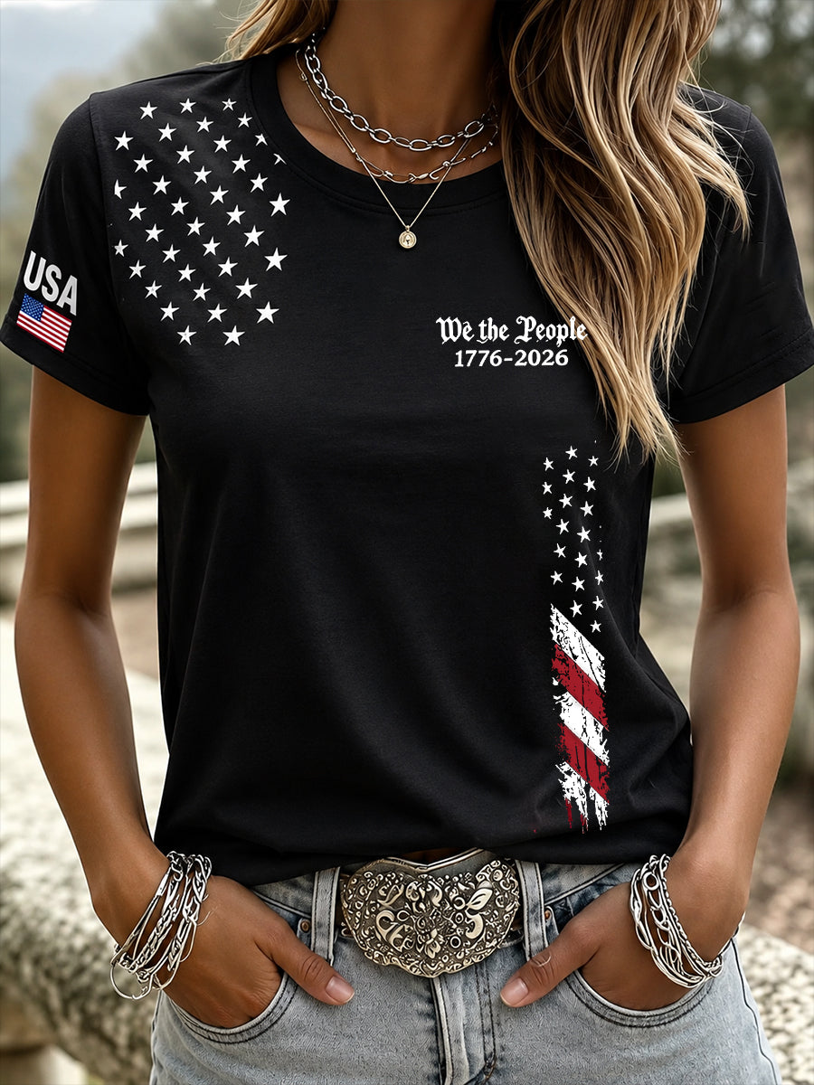 Women's  Independence Day Flag 1776 Print Crew Neck Short Sleeve T-shirt