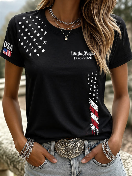 Women's  Independence Day Flag 1776 Print Crew Neck Short Sleeve T-shirt