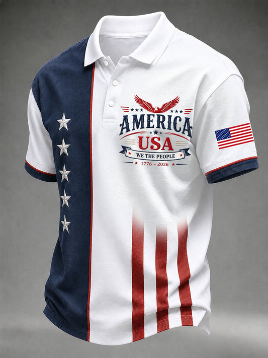 Men's Independence Day USA Flag Print Casual Polo