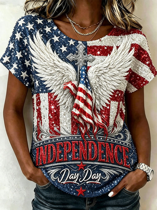Women's American Flag Glitter Art Print  Short-sleeved T-shirt