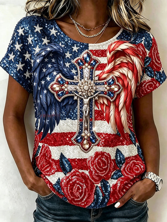 Women's Floral American Flag Wings Cross Print Short-sleeved T-shirt
