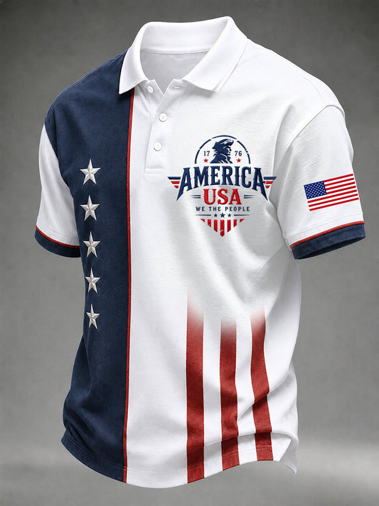 Men's Independence Day USA Flag Print Casual Polo