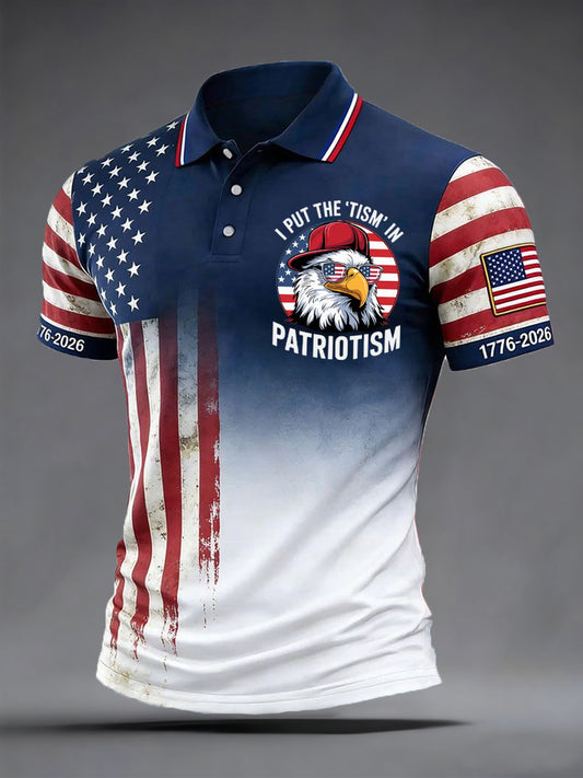 Men's Independence Day I Put The Tism In Patriotism Bald Eagle USA Flag Print Casual Patriotic Polo