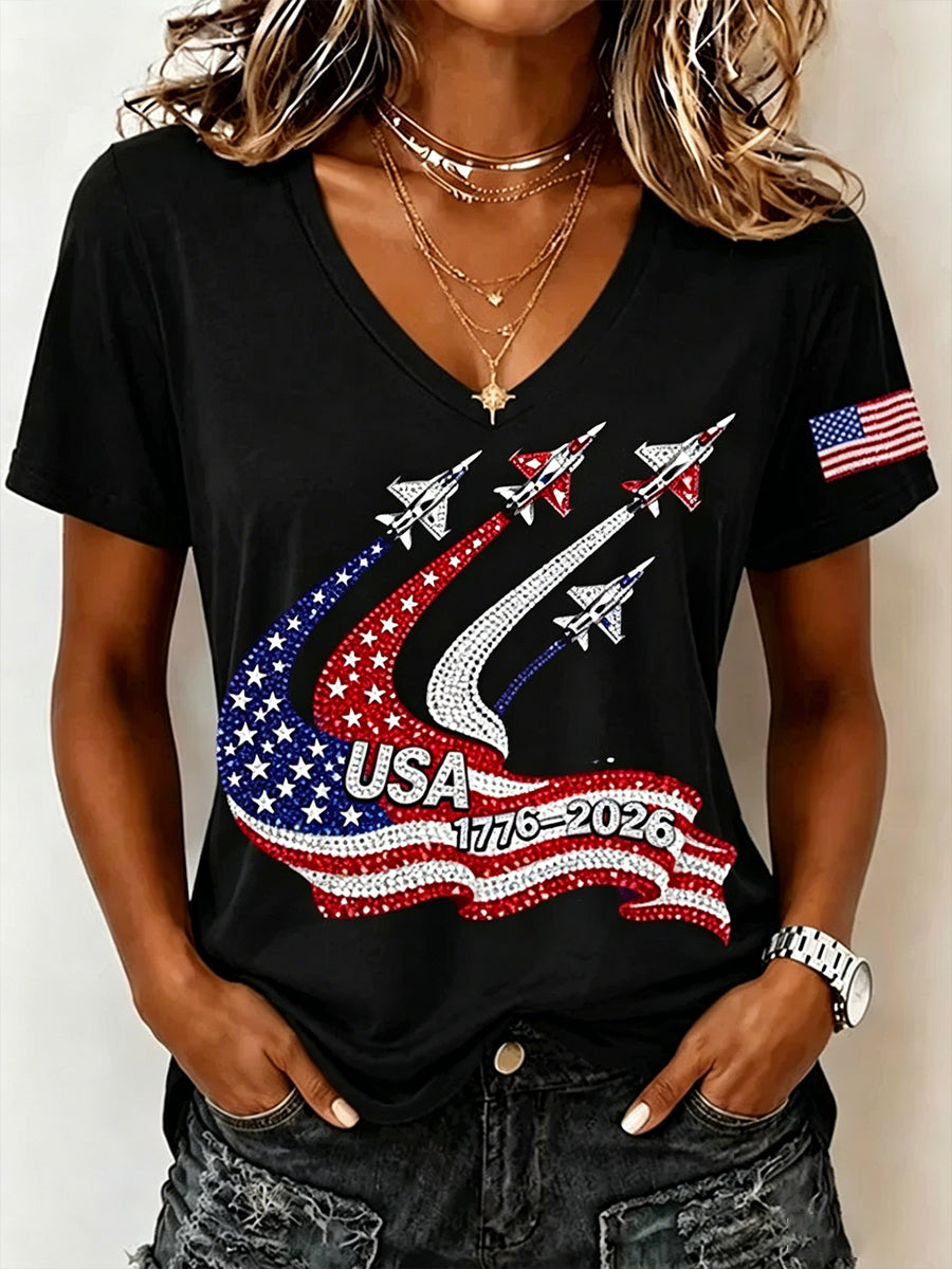 Women's Independence Day Flag Art Print V-Neck Short Sleeve T-shirt