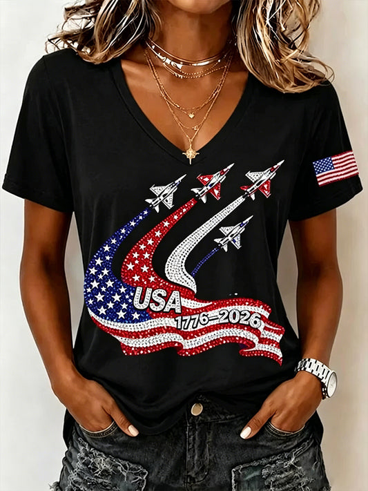 Women's Independence Day Flag Art Print V-Neck Short Sleeve T-shirt