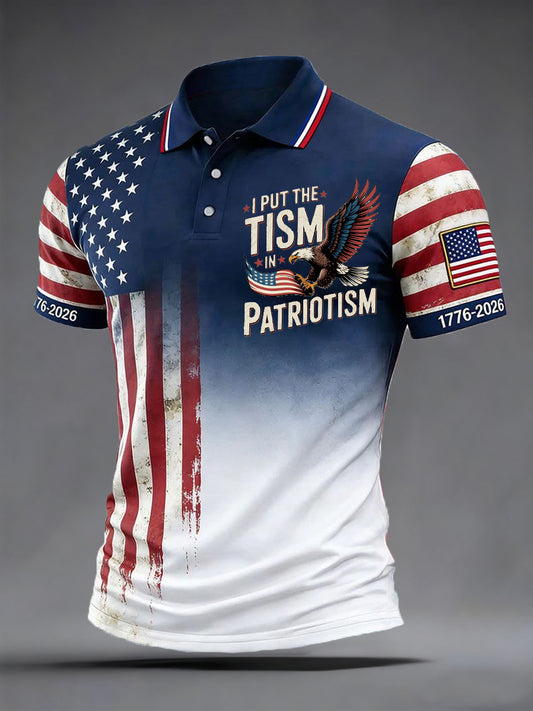 Men's Independence Day I Put The Tism In Patriotism Bald Eagle USA Flag Print Casual Patriotic Polo
