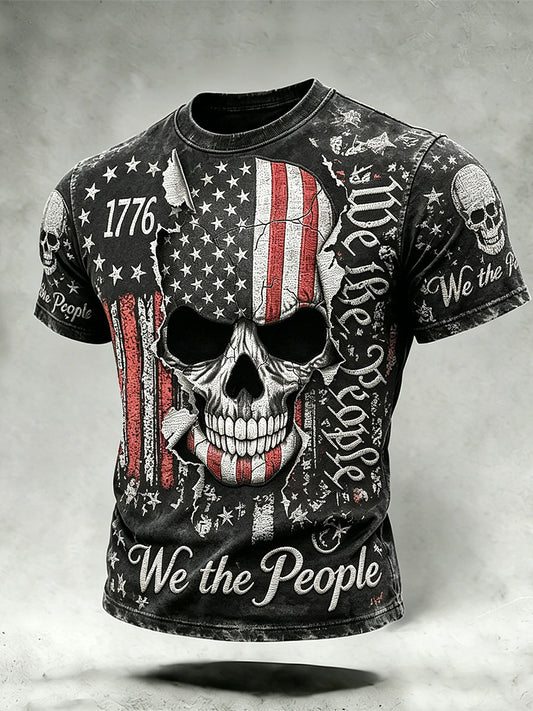 Men's Vintage American Flag Skull Print Short Sleeves T-shirt