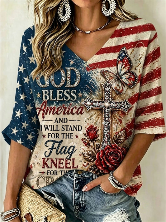 Women's God Bless America Elegant Cross & Flag Print Mid-length Sleeves V-Neck T-Shirt