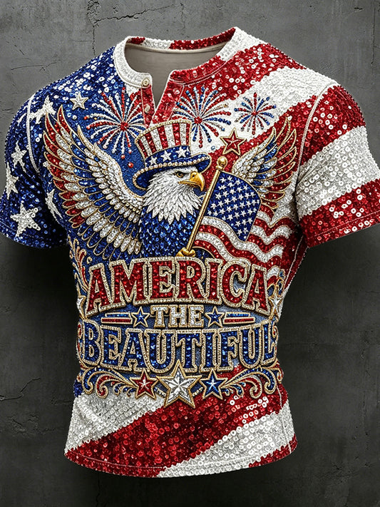 Men's American Flag Eagle Glitter Art Print Short Sleeve T-shirt